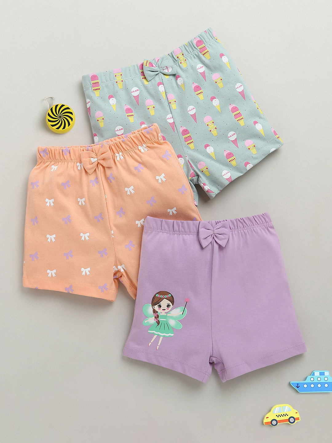 BUMZEE Girls Pack Of 3 Printed Regular Fit Bow Detail Shorts