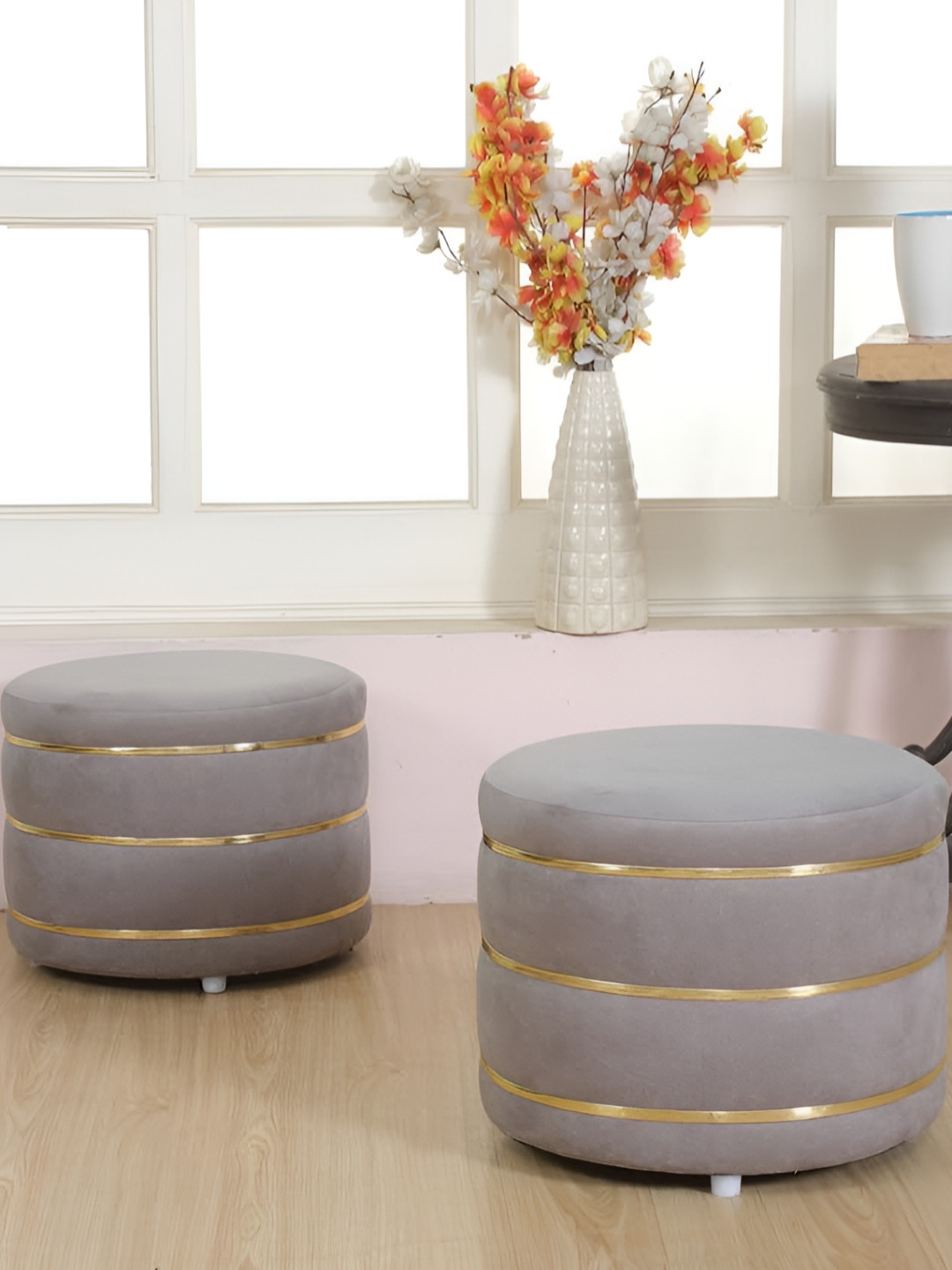 Shadowkart Set Of 2 Grey Pouffe Stool Ottomans