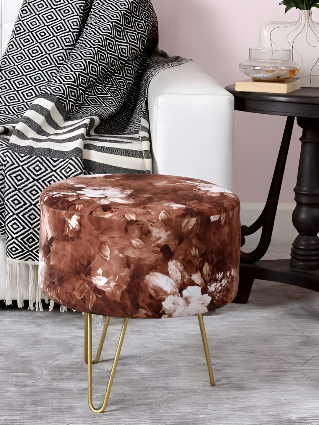 Shadowkart Brown & White Printed Pouffe Ottoman