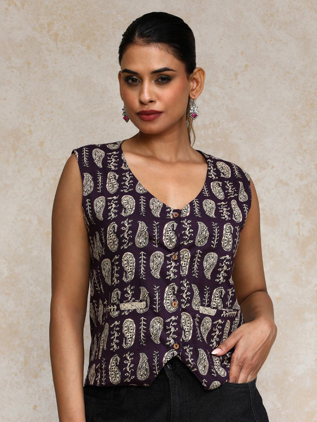 Varanga Women Paisley Printed Cotton Open Vest Top