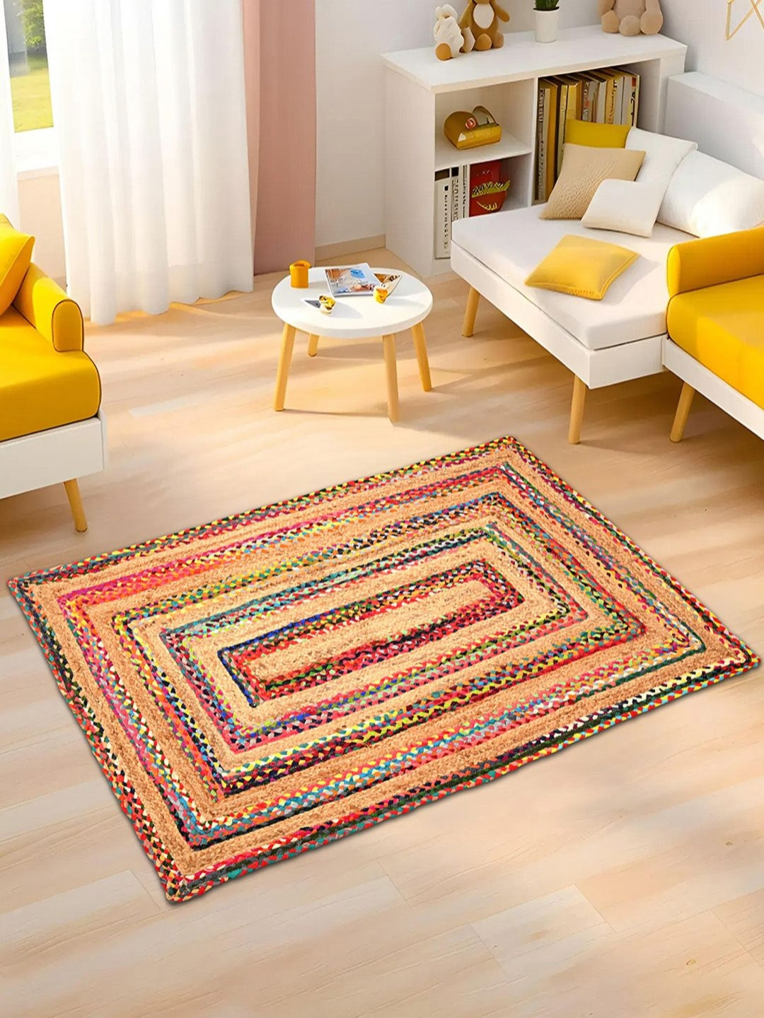 Aura Yellow Floral 3x5 Feet Anti-Skid Satranji Jute Rug & Carpet for Home & Bedroom