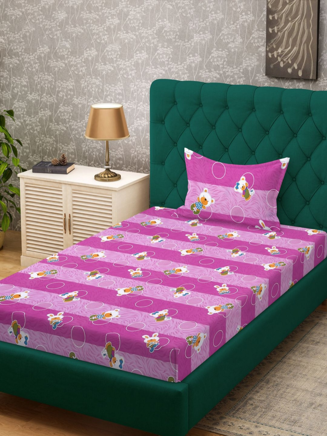 KLOTTHE Purple Conversational Cotton 400 TC Single Superfine Bedsheet with a Pillow Cover-225 x 150 cm
