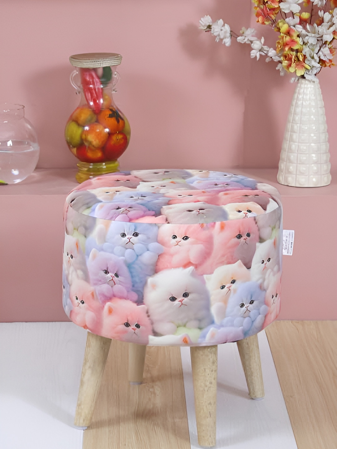 Shadowkart Pink & White Sitting Mudda Puffy Stool Dinning Ottomans