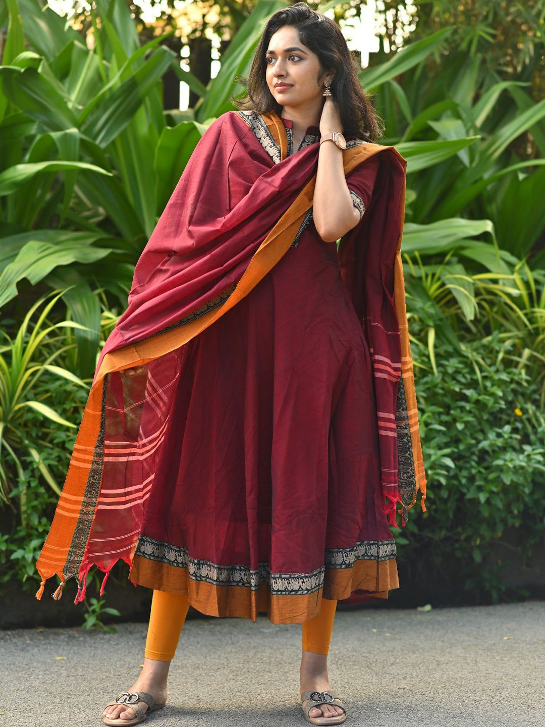 KALINI Rayon Blend Mandarin Collar Anarkali Kurta With Dupatta