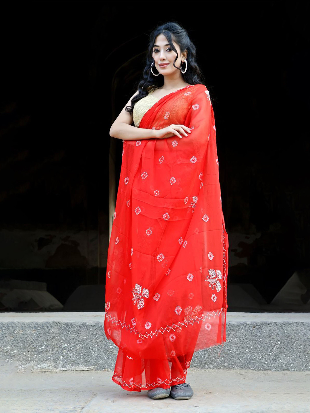 House of Chiffon Bandhani Handwork Red Chiffon