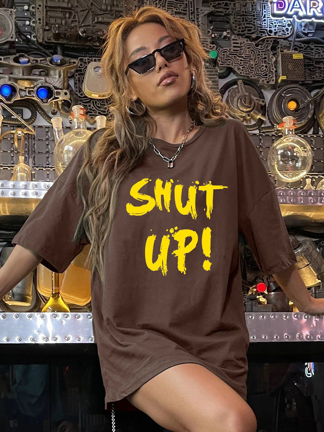 Outzidr Women Brown Typography Oversized T-shirt