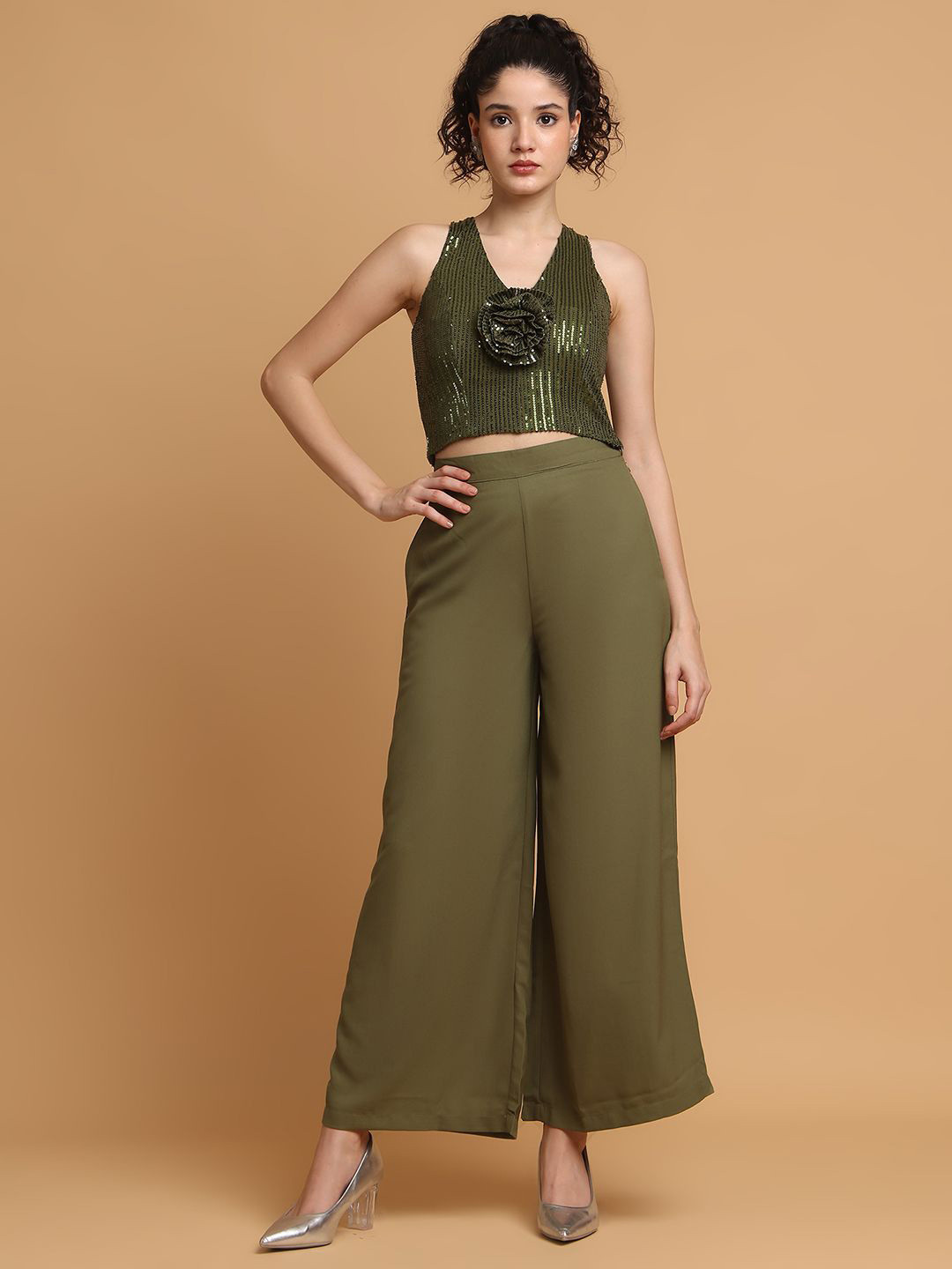 BLANC9 Sequinned Rose Top With Trousers Co-Ords