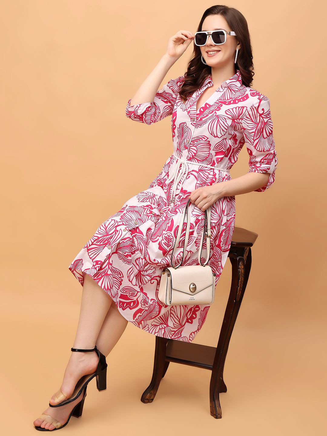RANGRIWAZ Floral Print Lapel Coller Roll-Up Sleeves Fit & Flare Midi Dress