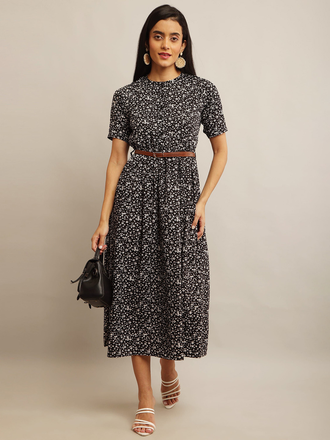 Moda Rapido Women Floral Print Round Neck Short Sleeves Fit & Flare Midi Dress