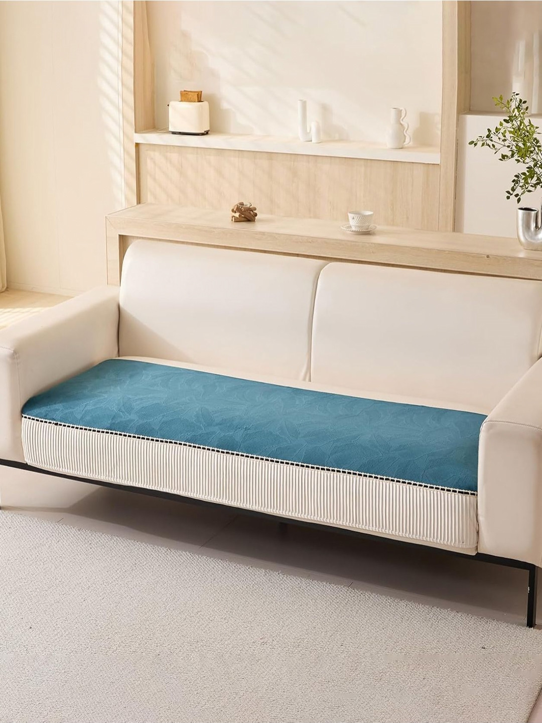 HOUSE OF QUIRK Three Seater Leaf Pattern Chenille Fabric Stretch Seat Sofa Mat