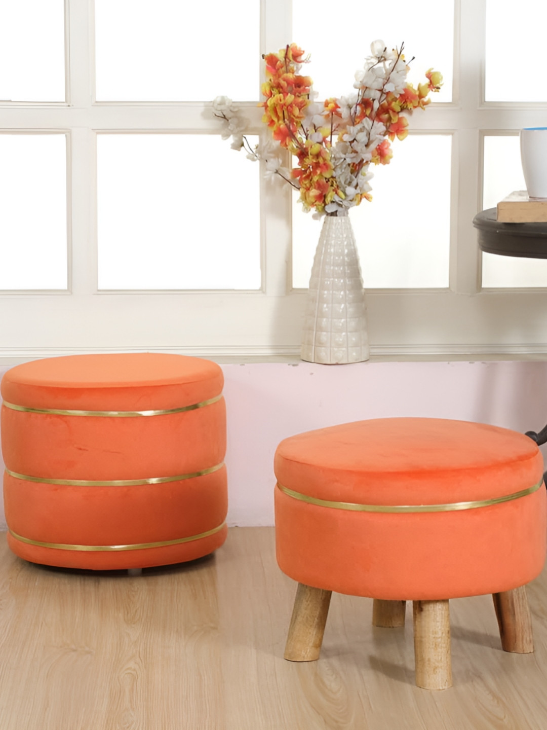 Shadowkart Set Of 2 Wooden Round Shaped Pouffe Ottomans