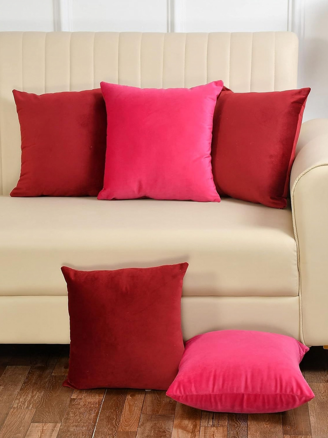 Shadowkart Red & Pink 5 Pieces Velvet Square Cushion Covers