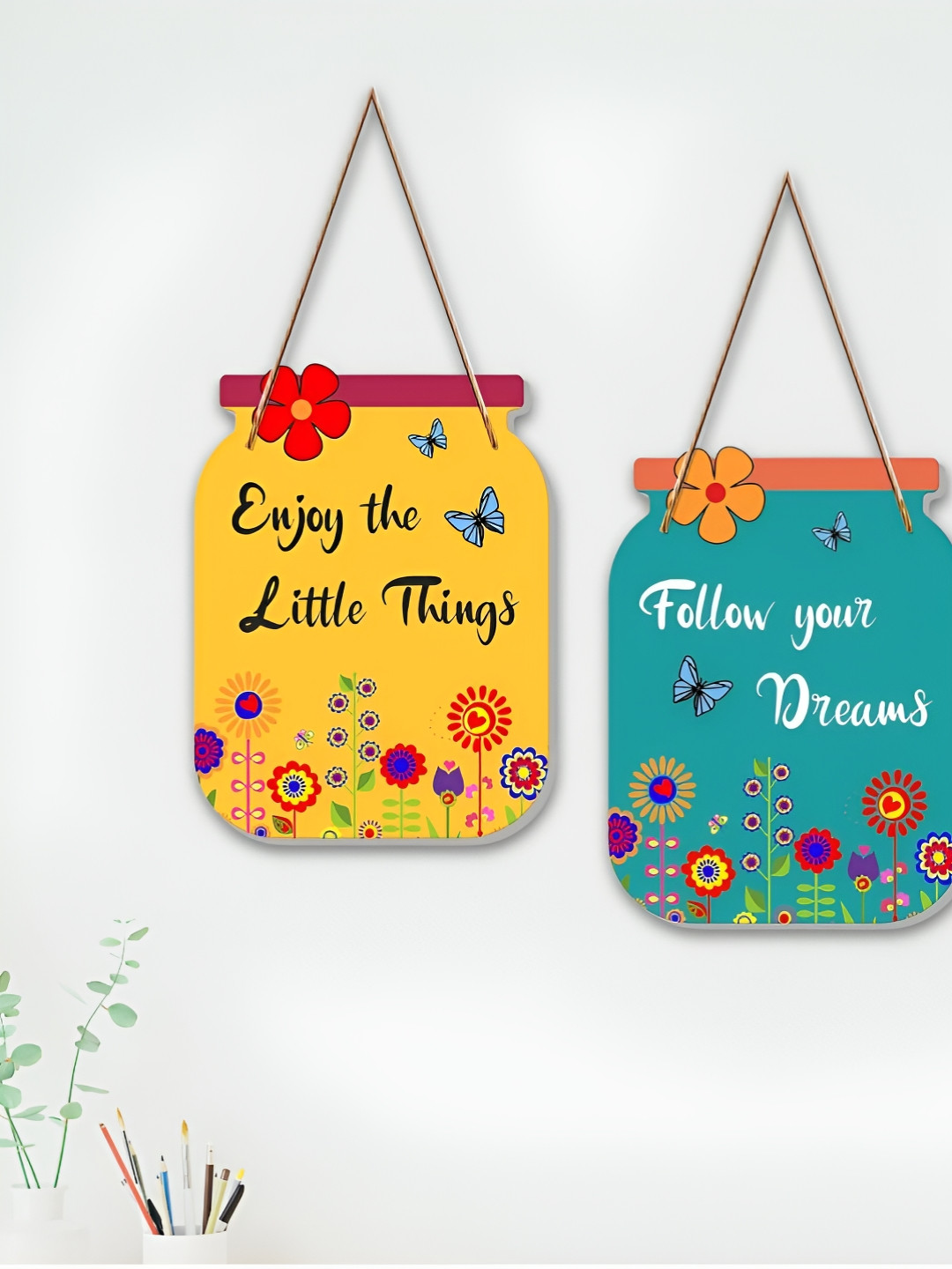 eCraftIndia njoy the Little Things & Follow Your Dreams Wood Matte 2Pcs Wall Hangings-9In