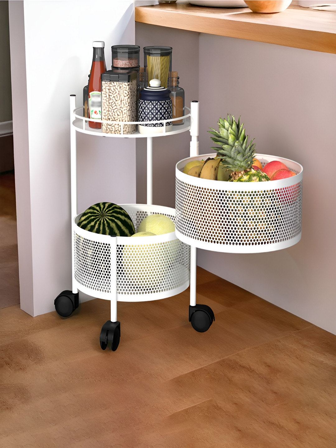Aura White 2-Tier Square Multipurpose Storage Kitchen Trolley Storage Rack with Wheel