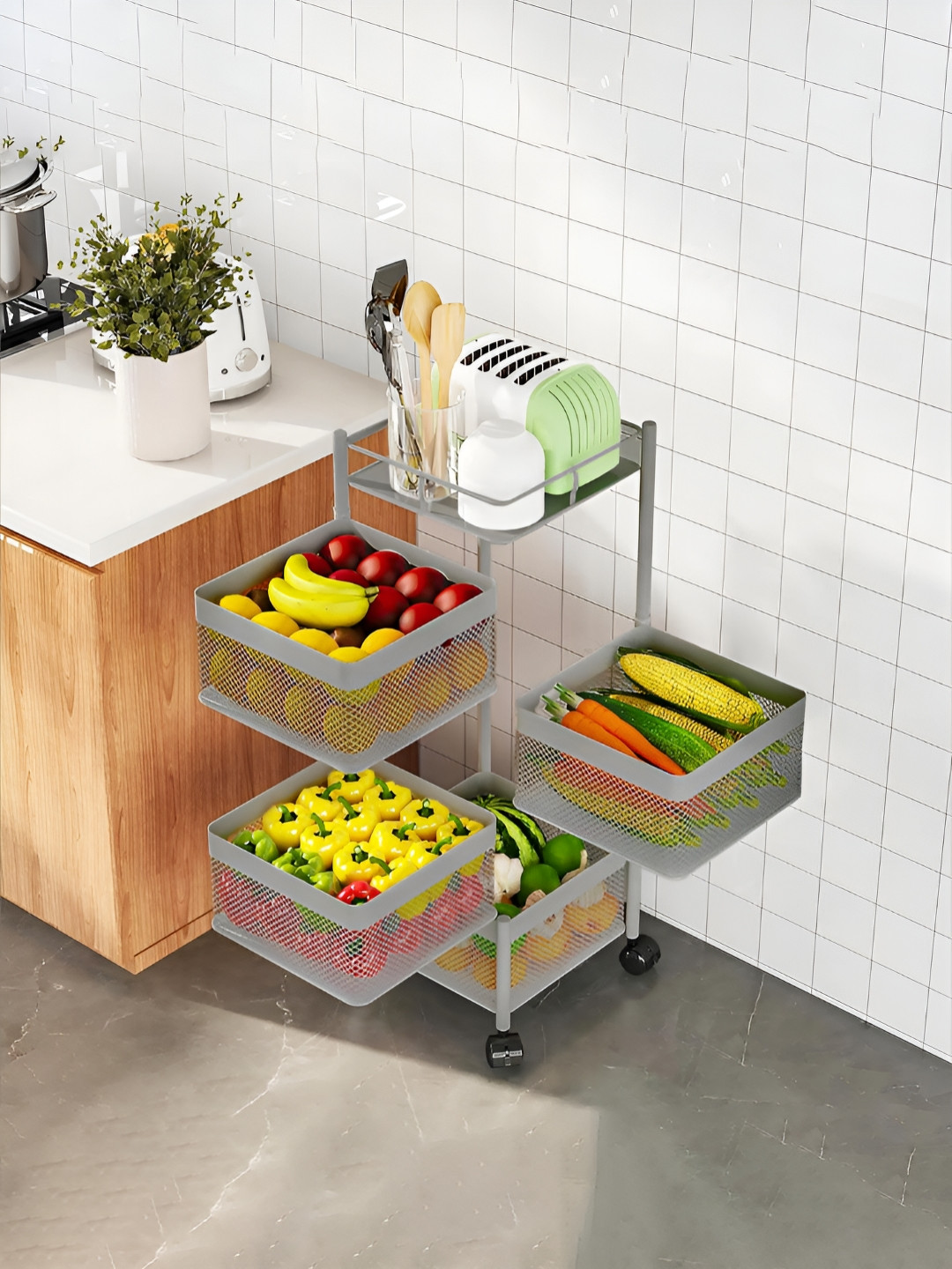 Aura Silver-Toned 4-Tier Square Multipurpose Storage Rack Kitchen Trolley with Wheels