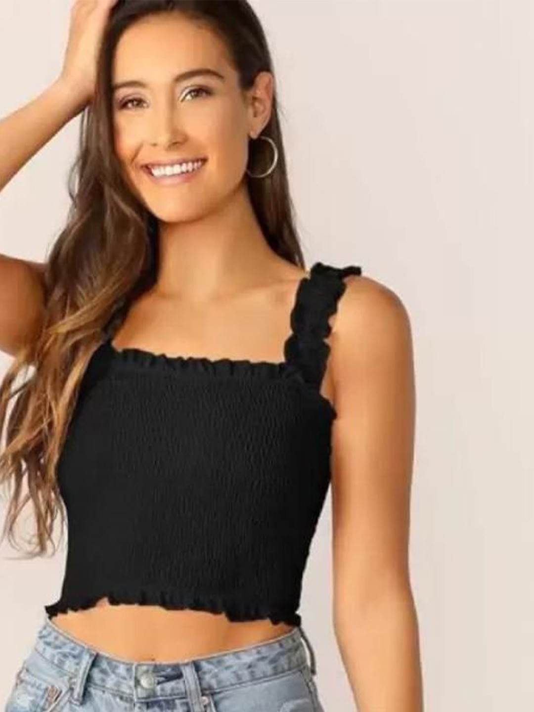 VYMO Solid Smocking Square Neck Sleeveless Vest Crop Top