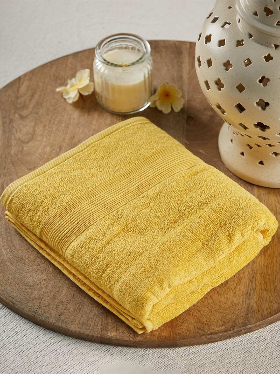 Fabindia Sancha Pile Cotton Yellow Solid 500GSM Super Soft Adult Regular Bath Towel