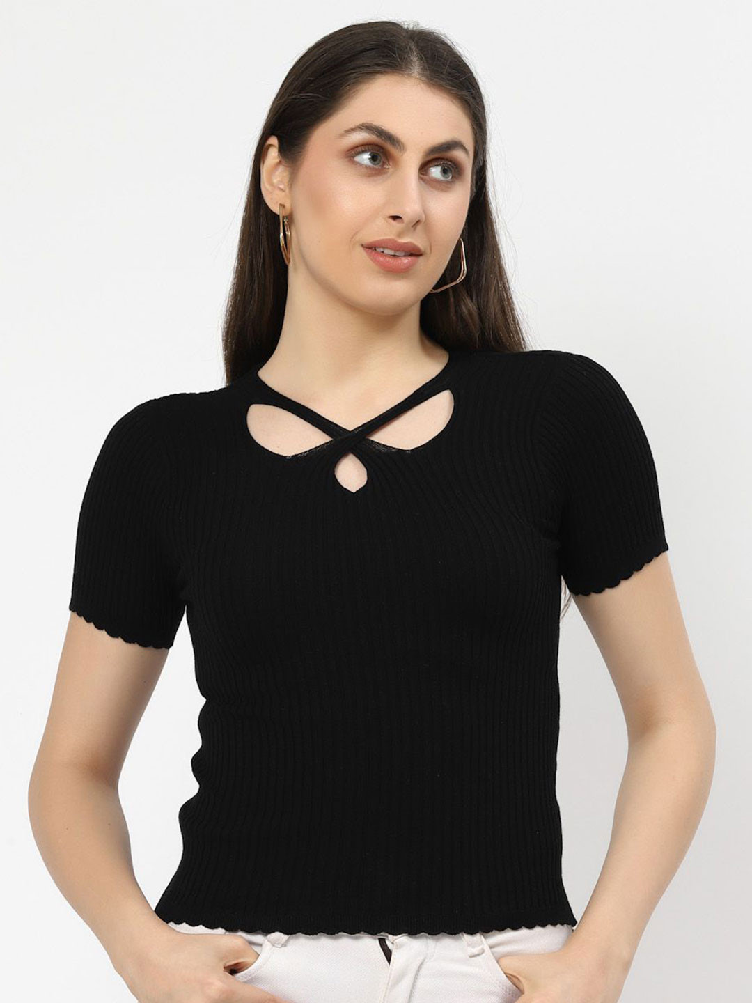Kalt Women Black Ribbed Cotton Top