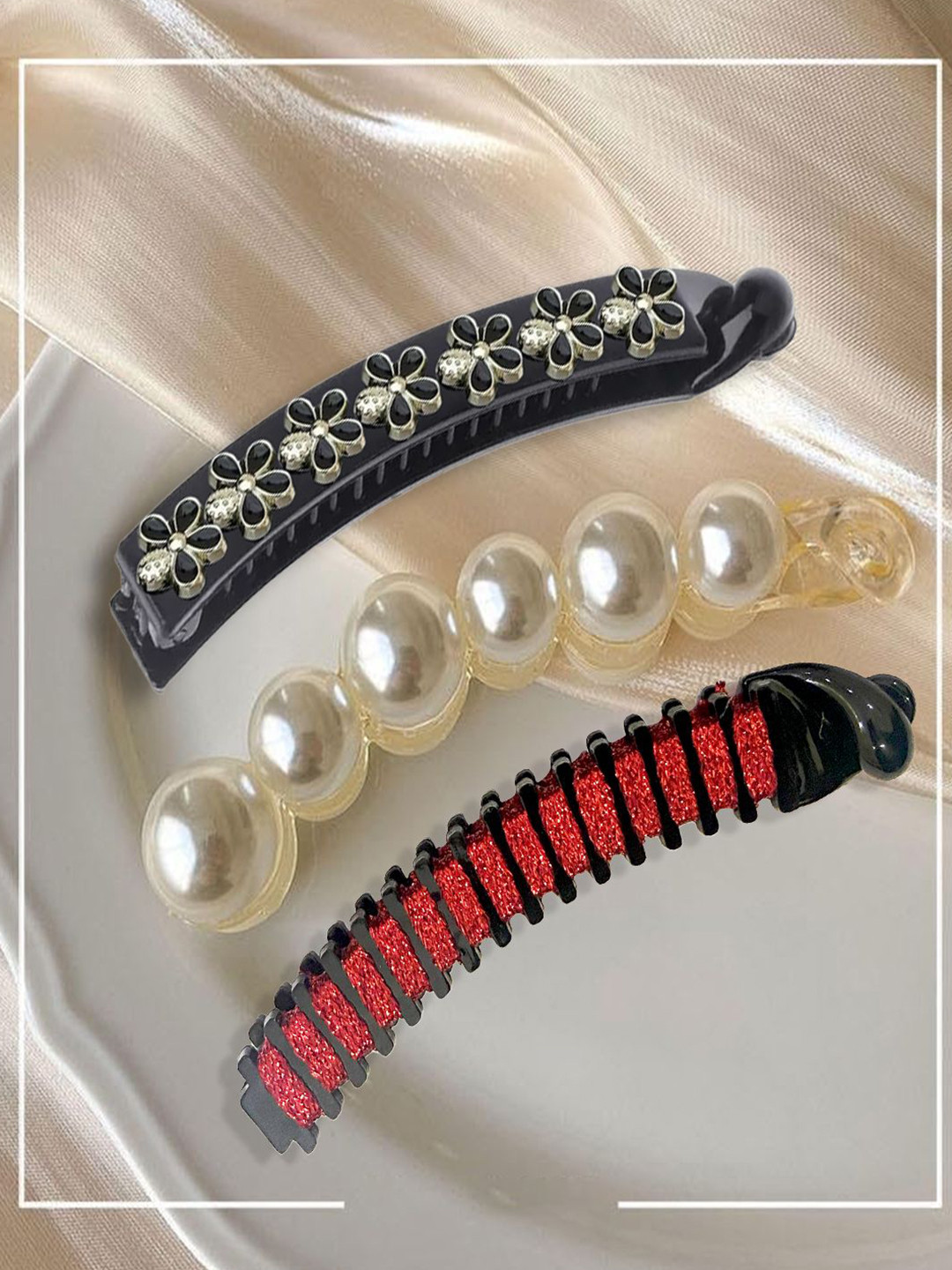 LYKAA Set of 3 Assorted Assorted Pearl Banana Acrylic Clip Clutchers Combo