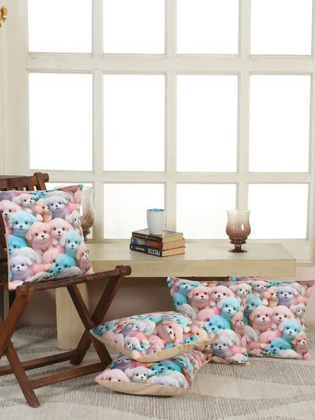 Shadowkart Blue And Pink 5 Pieces Self Design Square Pillow Covers