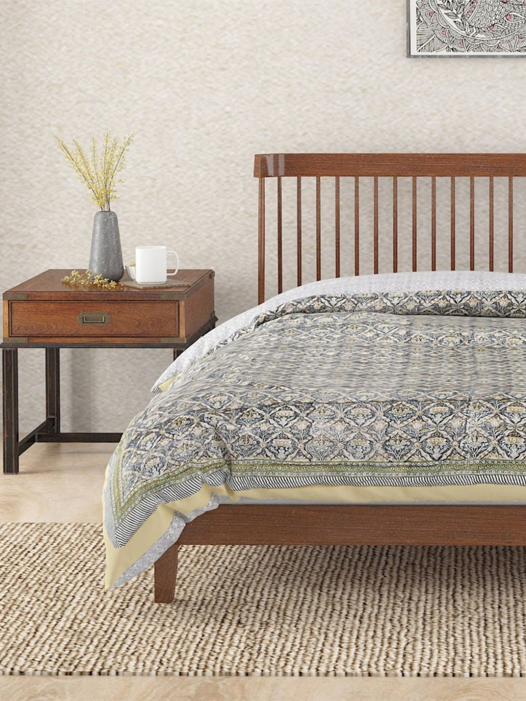 Fabindia Blue & Orange Floral Double Bed Quilt