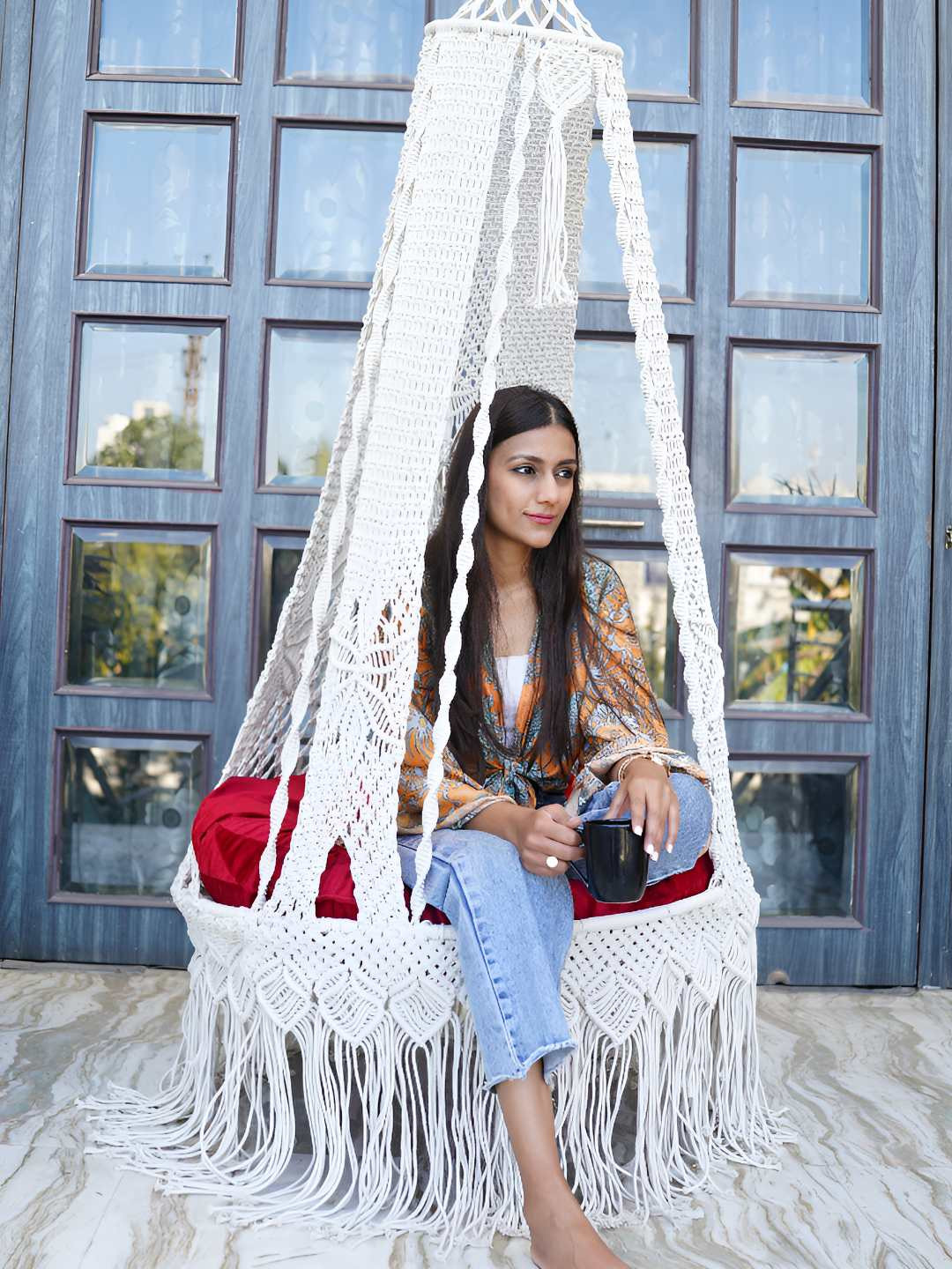 Patiofy White Macram Comfortable Hammock Swing Chair With Cushion