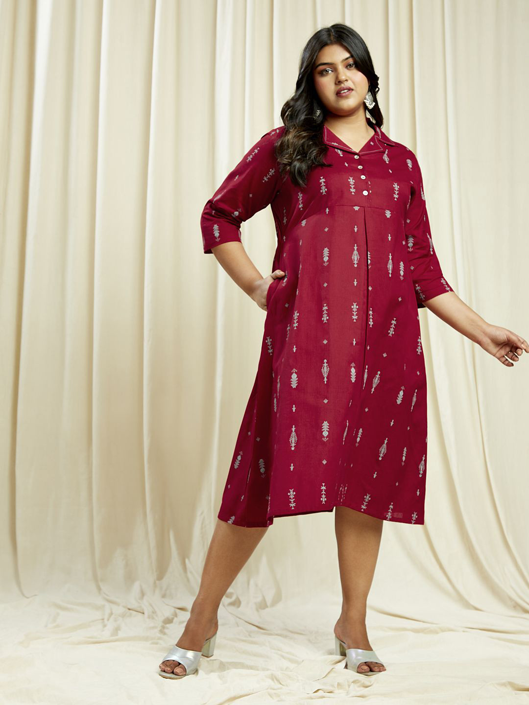 Globus Gloplus Ethnic Printed Notch Lapel A-Line Midi Dress