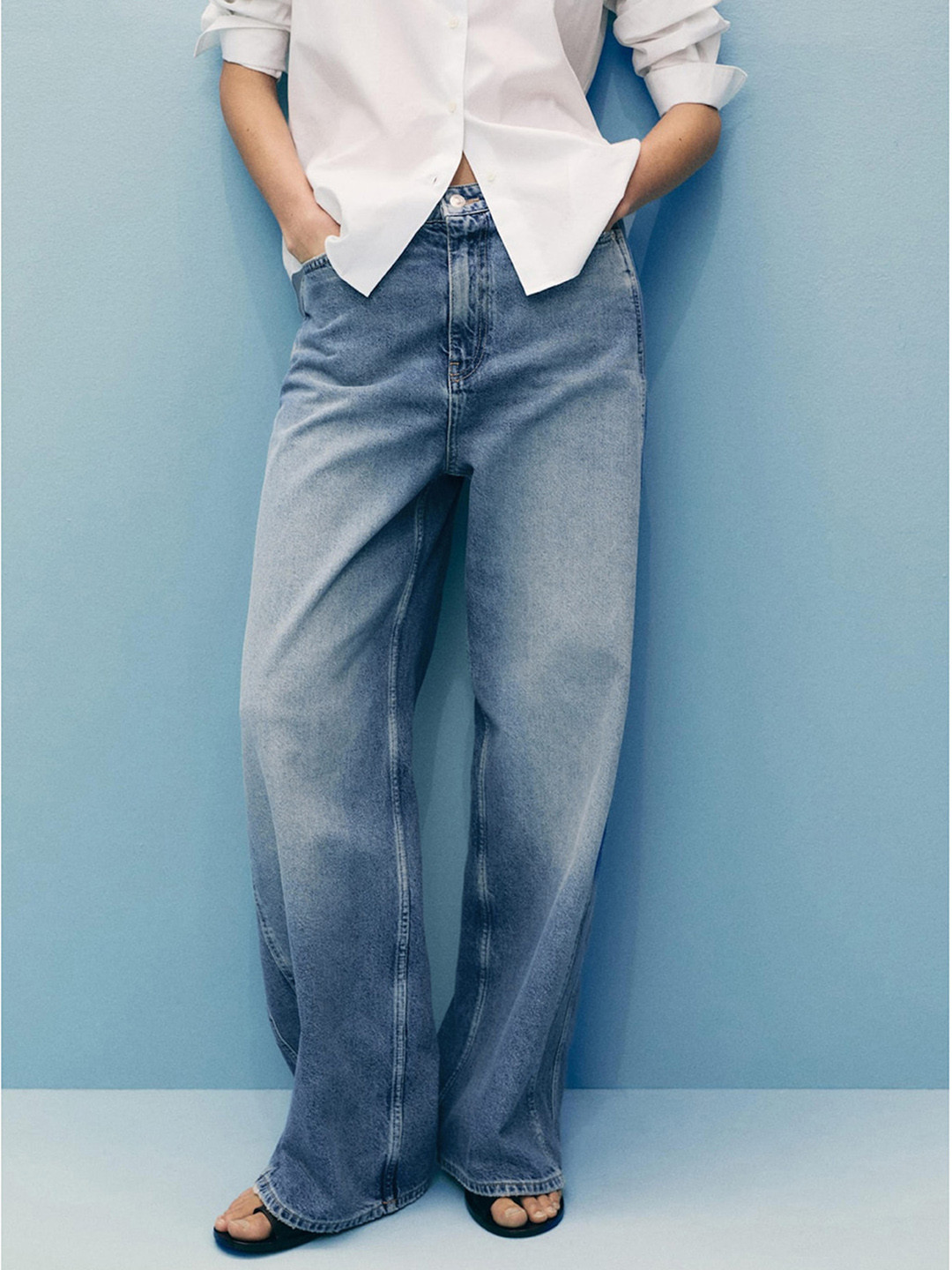 MANGO Women High-Rise Heavy Fade Pure Cotton Baggy Fit Jeans