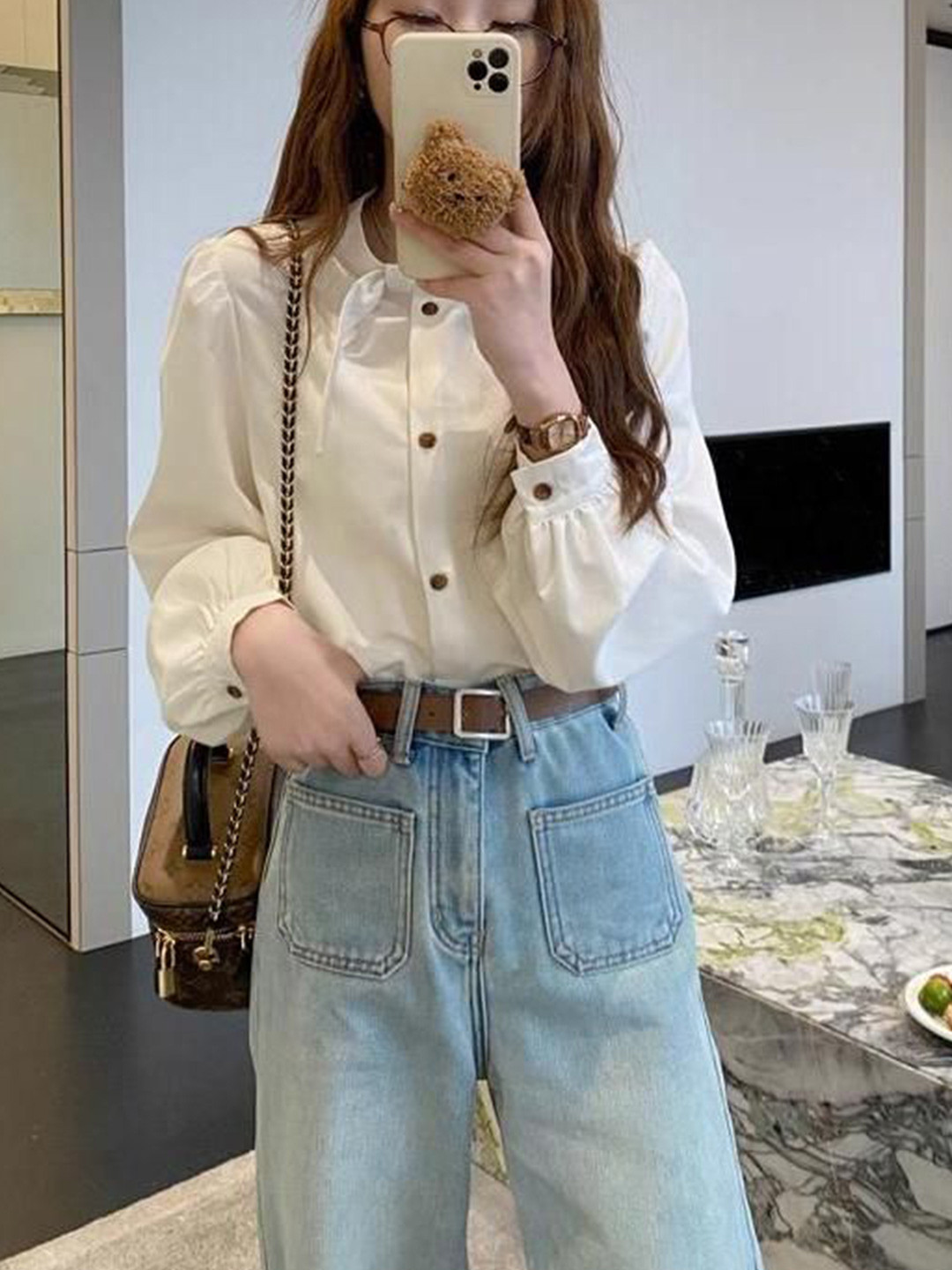 Outzidr Women Original Mandarin Collared Button Down Casual Shirt