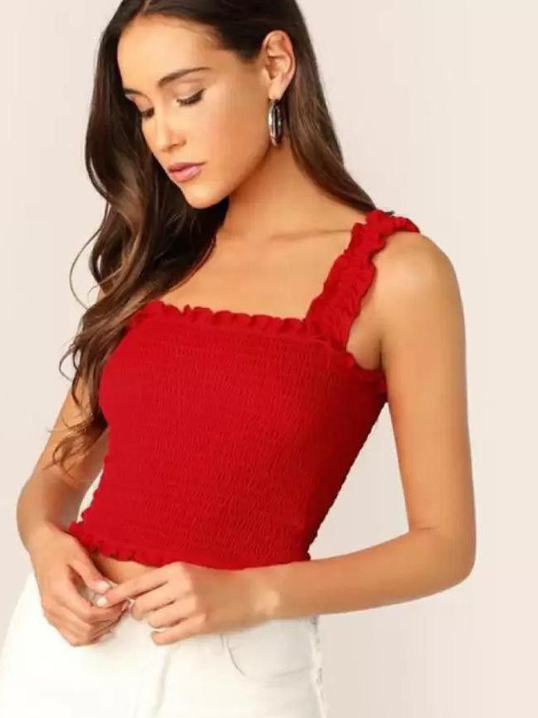 VYMO Women Sleeveless Smocked Crop Top