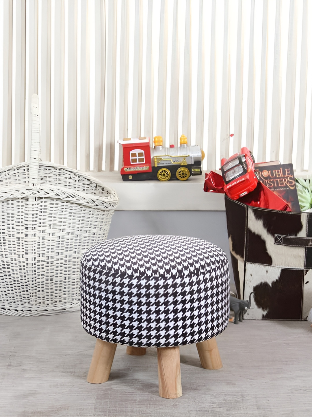 Shadowkart Black & White Wooden Mudda Pouffe Ottoman