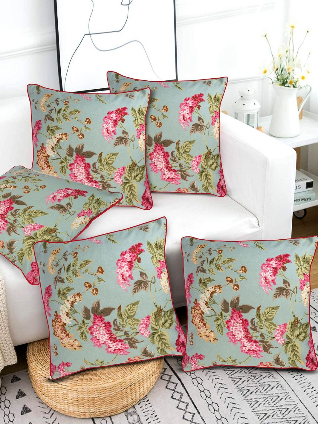 KANUSHI INDUSTRIES Floral Polyester Silk Lightweight 5 Pcs Cushion Covers -16x16In