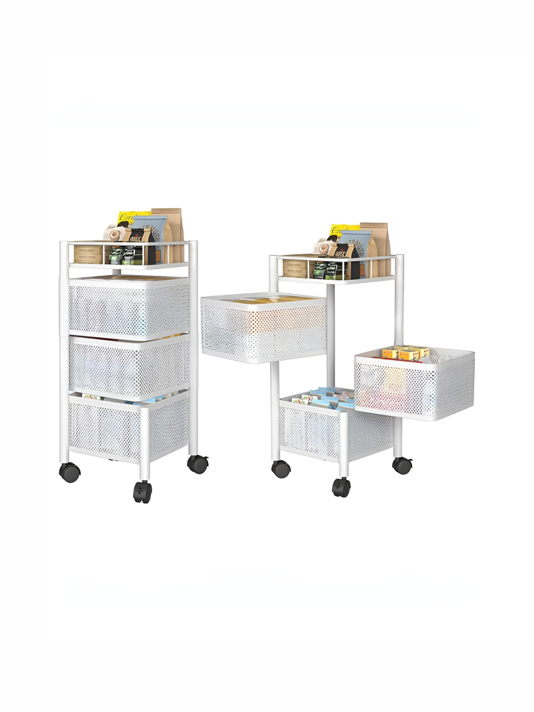 Aura White 2 Pcs 3-Tier Square Storage Rack Kitchen Trolley with Wheels