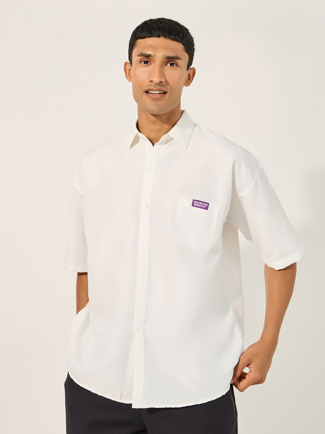 Styli Men Oversized Button Down Collar Badge Shirt