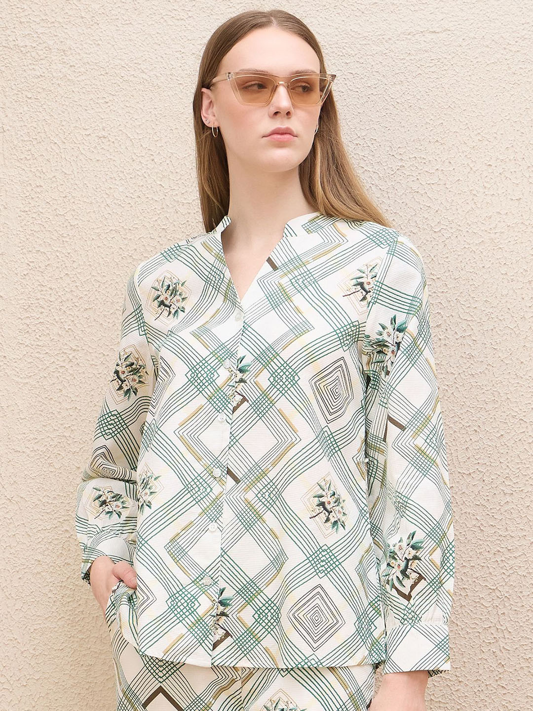 Iconic Geometric Floral Print Band Collar Shirt