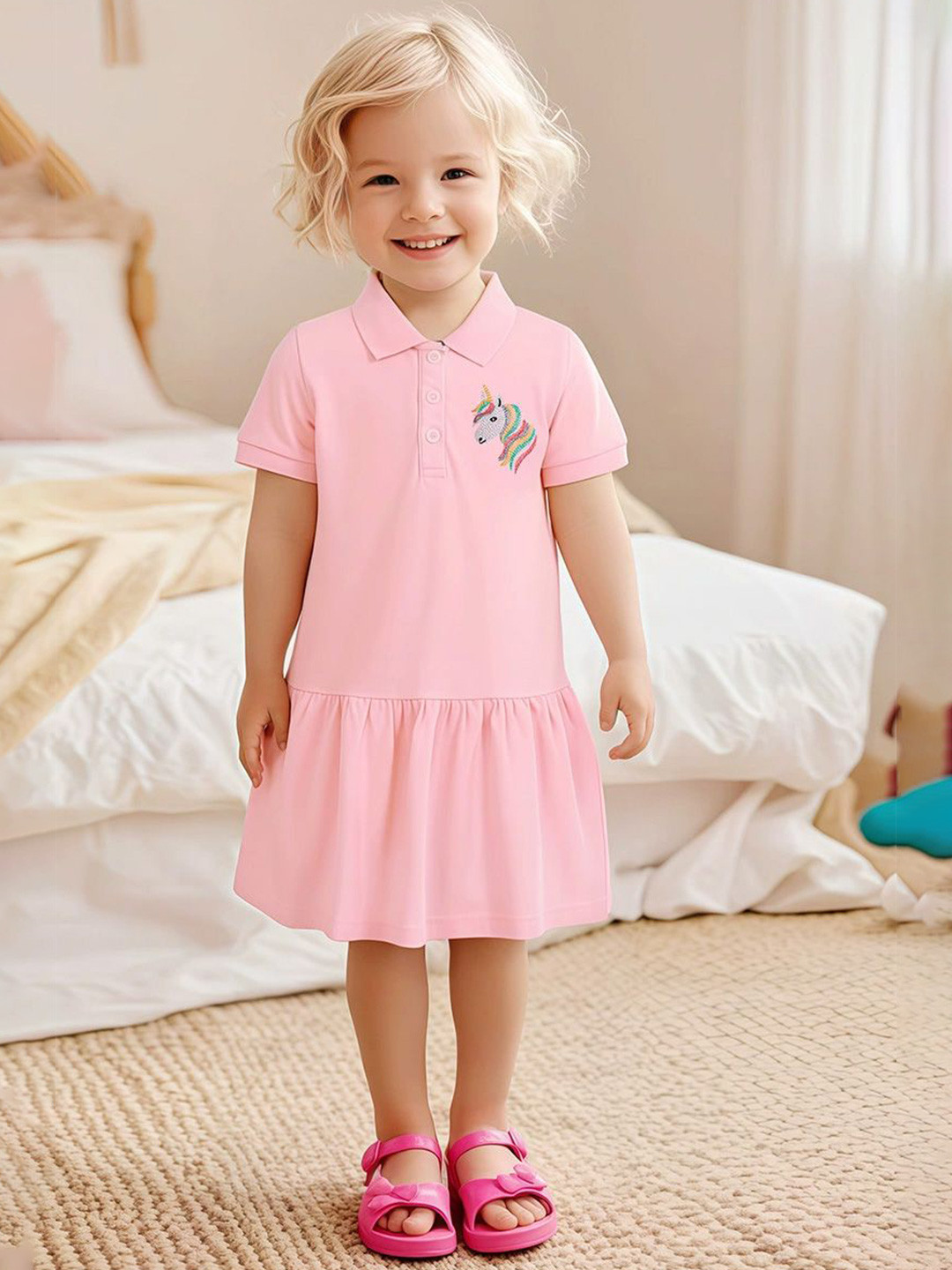 JC SPARKLE Girls Shirt Collar Pure Cotton Fit-Flare Dress