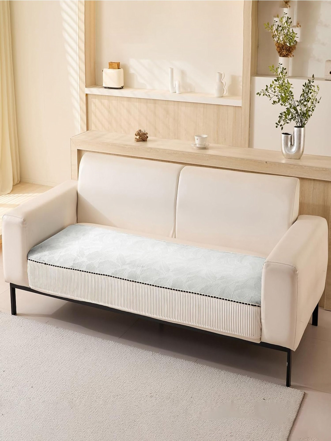 HOUSE OF QUIRK Three Seater Leaf Pattern Chenille Fabric Stretch Seat Sofa Mat