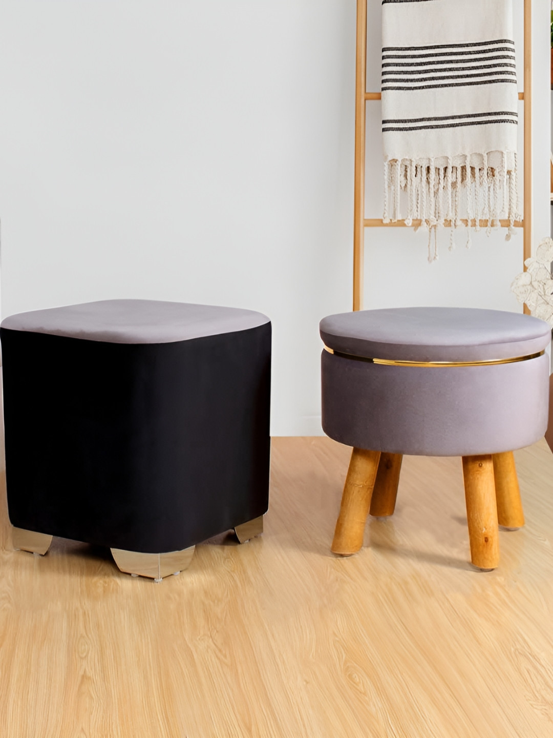 Shadowkart Set Of 2 Black & Grey Pouffes Sitting Stool Ottomans