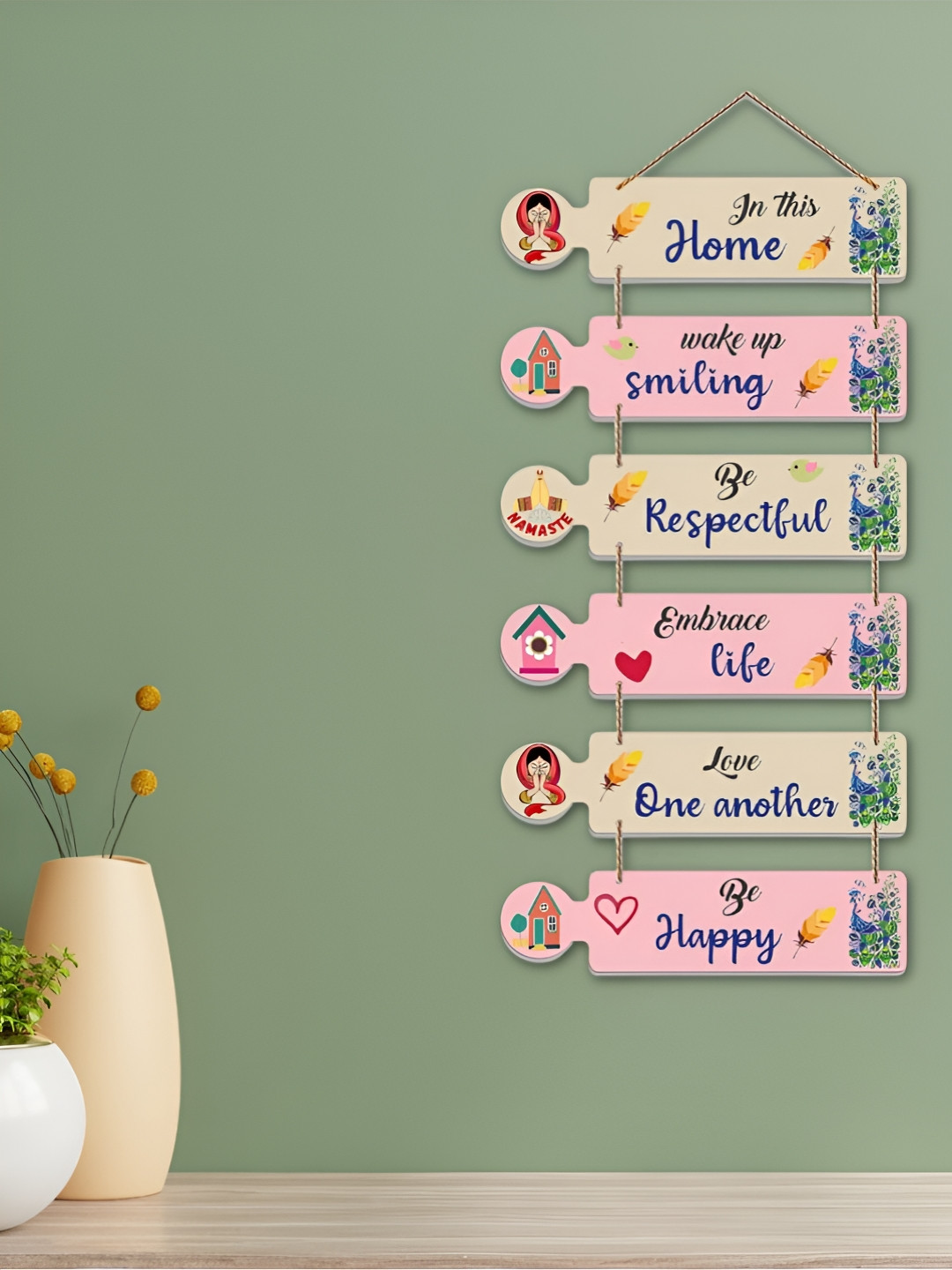 eCraftIndia Pink & Beige Home Quotes Printed Wooden Wall Hangings