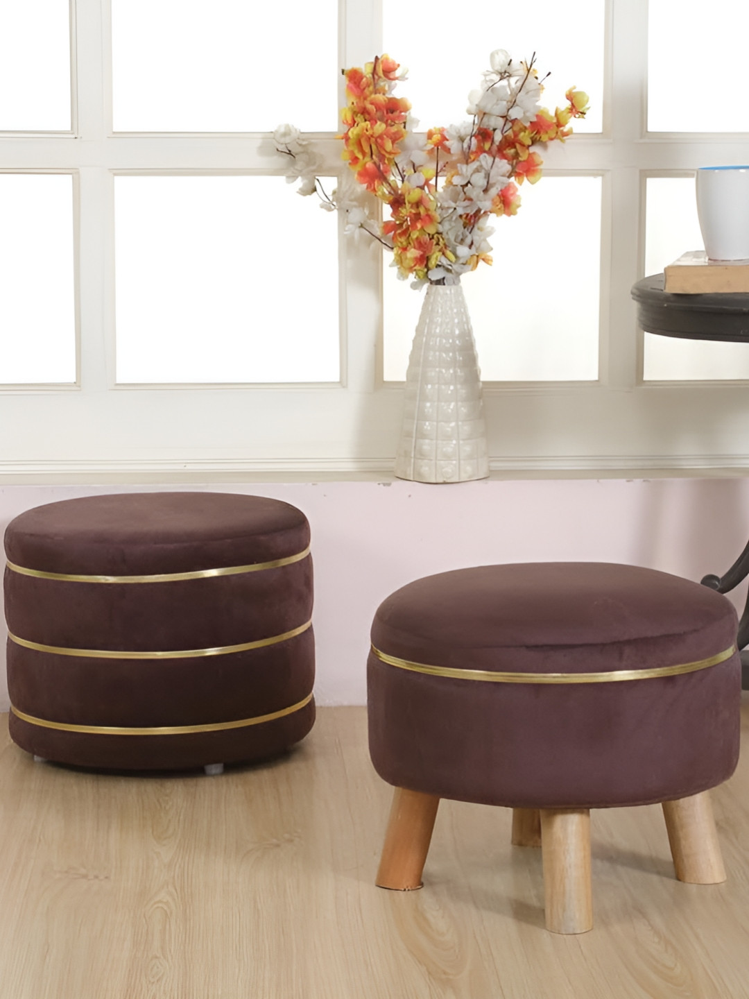 Shadowkart Set Of 2 Brown & Beige Pouffe Ottomans