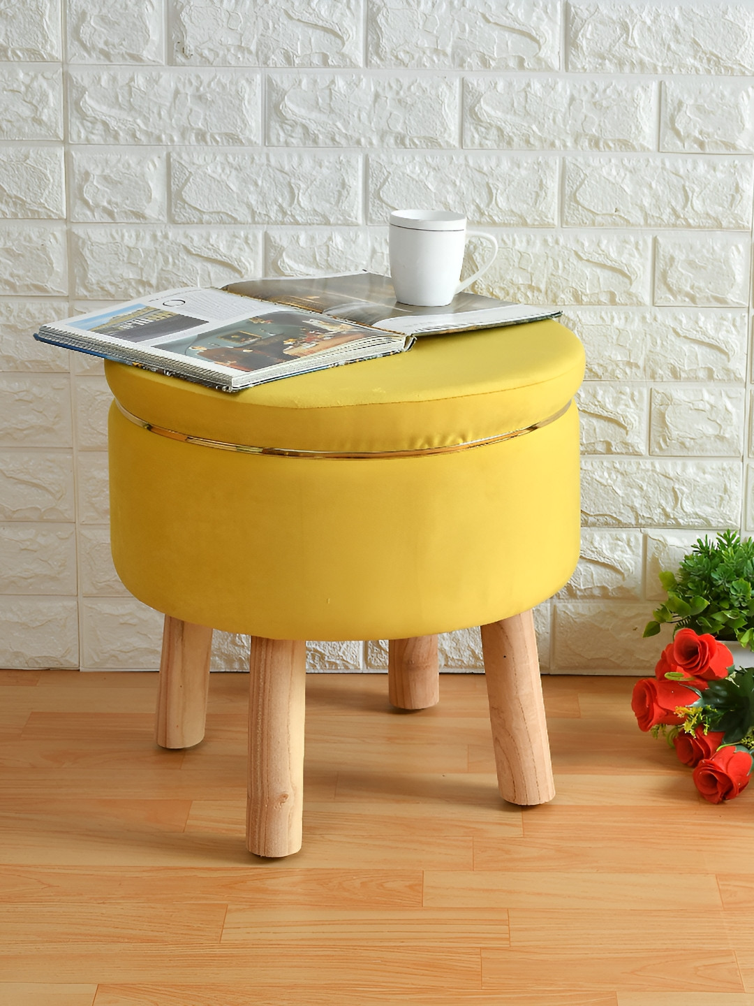 Shadowkart Yellow Wooden Round Pouffe Ottomans