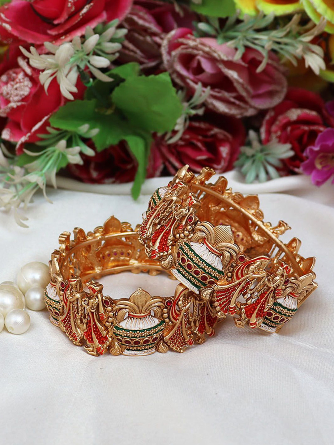 TAJ BRIDAL STORE Set Of 2 Gold-Plated Kundan Studded Kada Bracelet