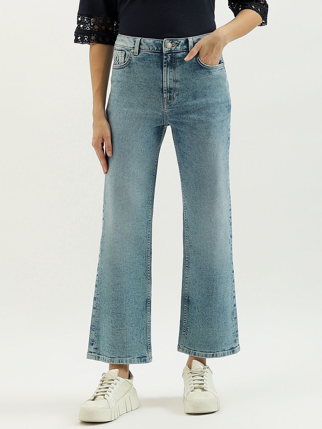 United Colors of Benetton Women High-Rise Heavy Fade Bootleg J Jeans