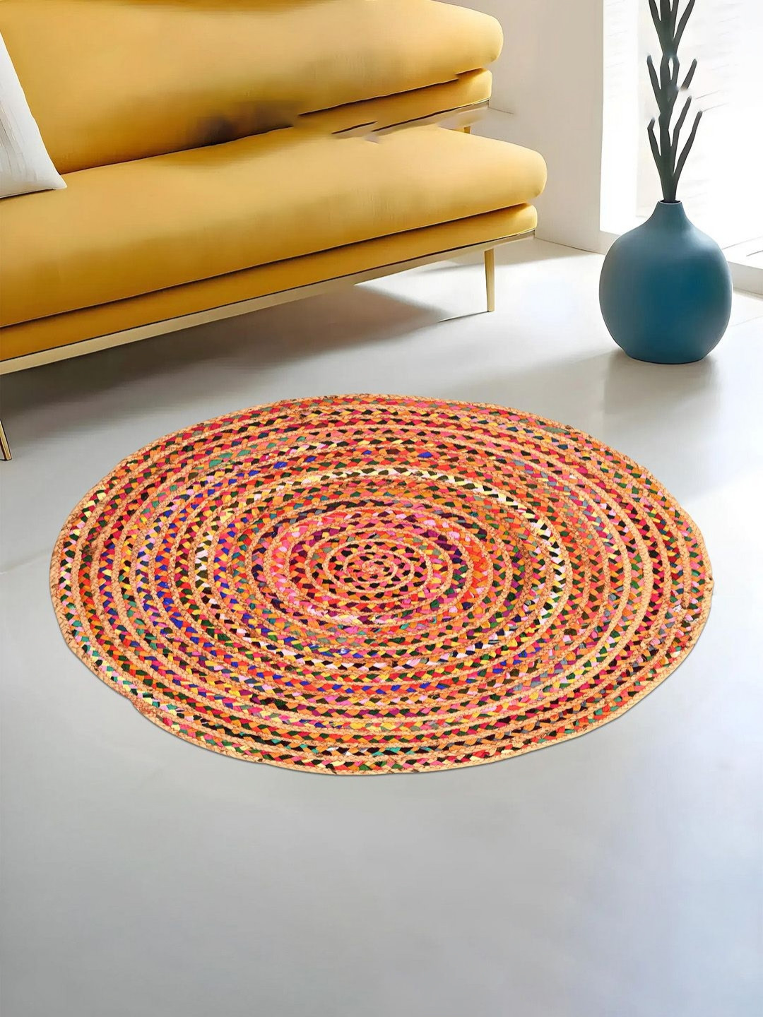 Aura Yellow Floral 3x3 Feet Satranji Doubling Round Jute Rug & Carpet for Home & Bedroom