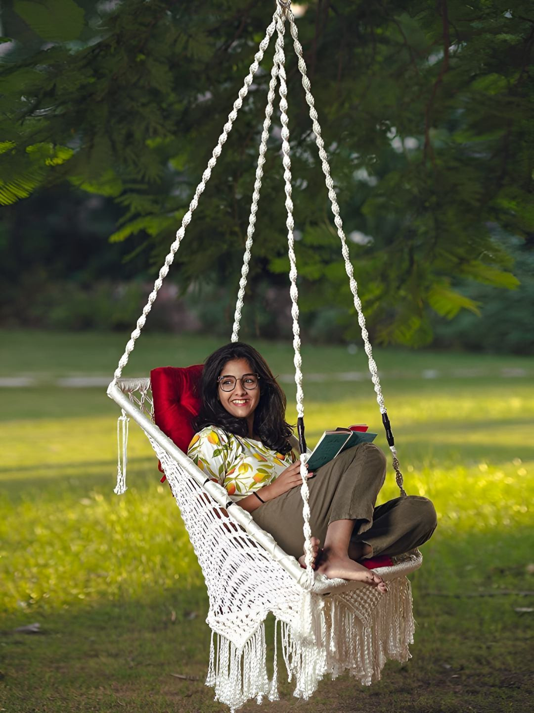 Patiofy White & Red Patiofy Premium Square Swing Chair With Cushion