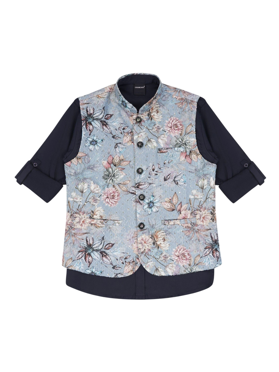 CHARCHIT Boys Sequinned Floral Printed Full Sleeves Nehru Jacket & Shirt