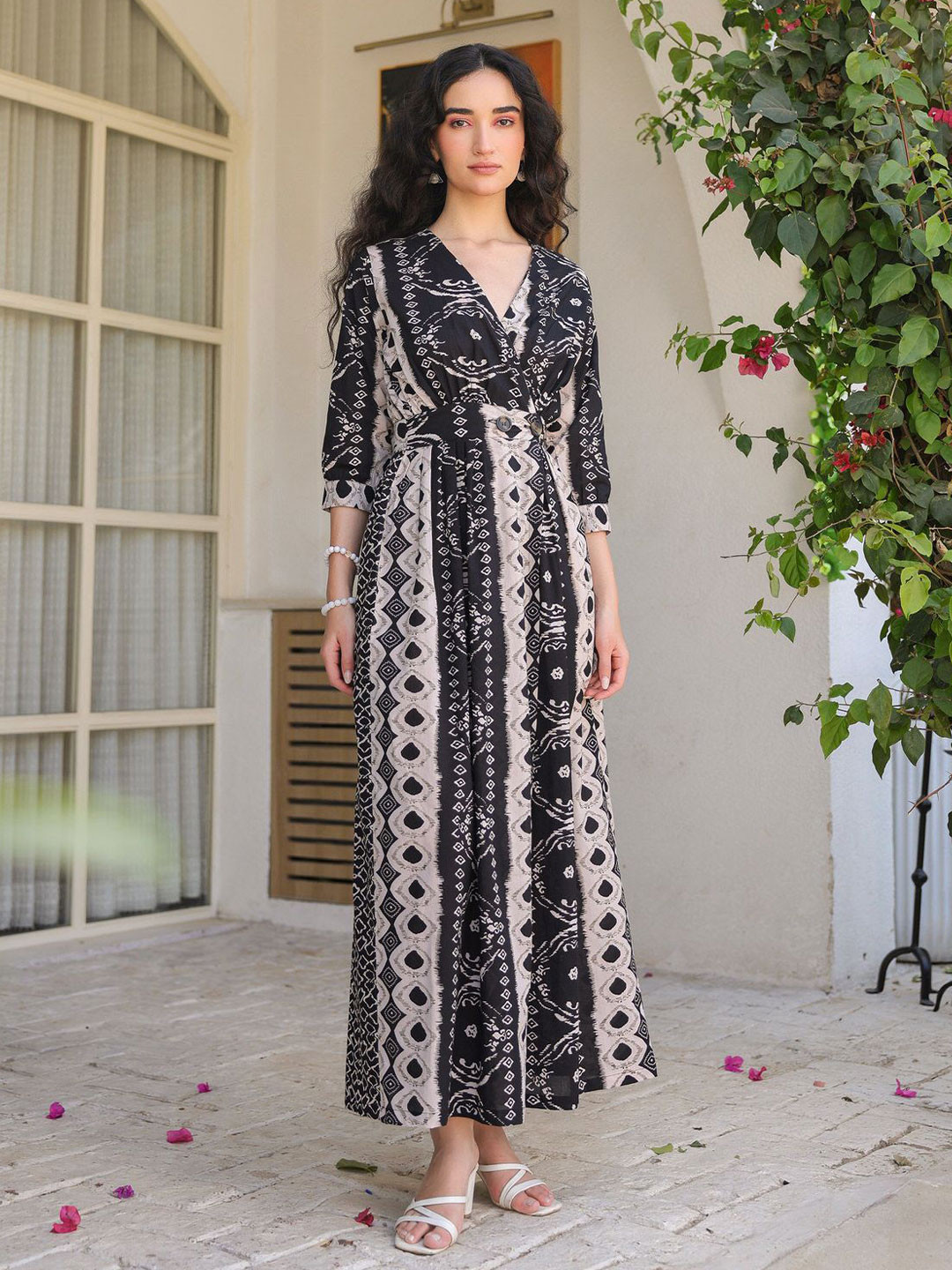 JISORA Women's Black Printed Cotton Wrap Dress