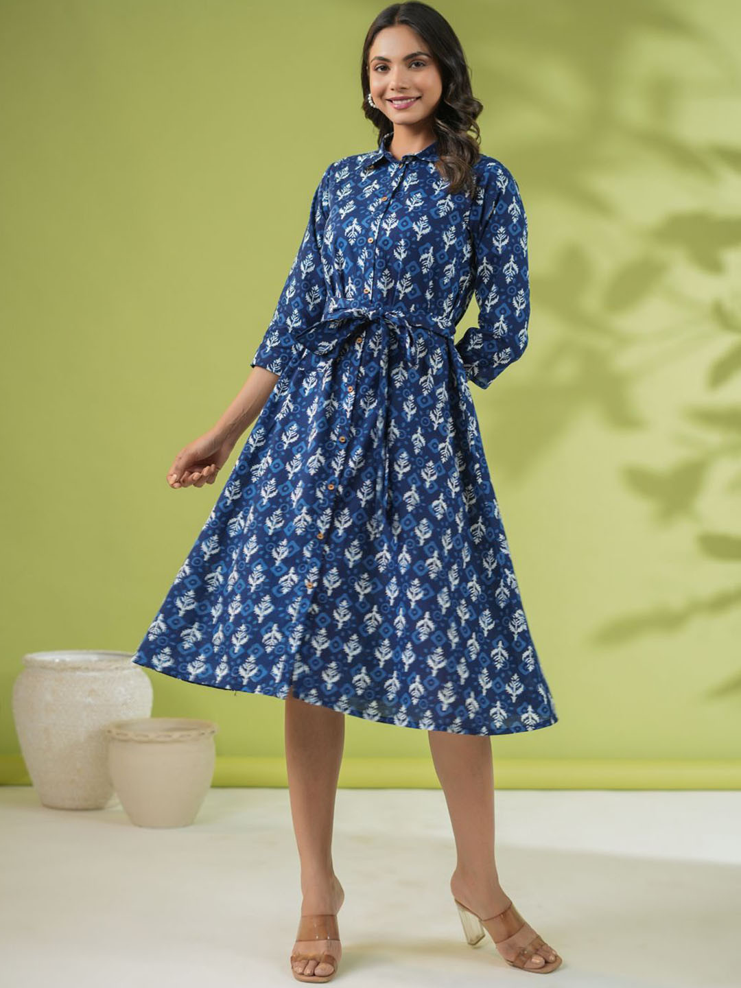 KALINI Ethnic Motifs Printed Pure Cotton Button Down Tie-Ups Detail Ethnic Dress