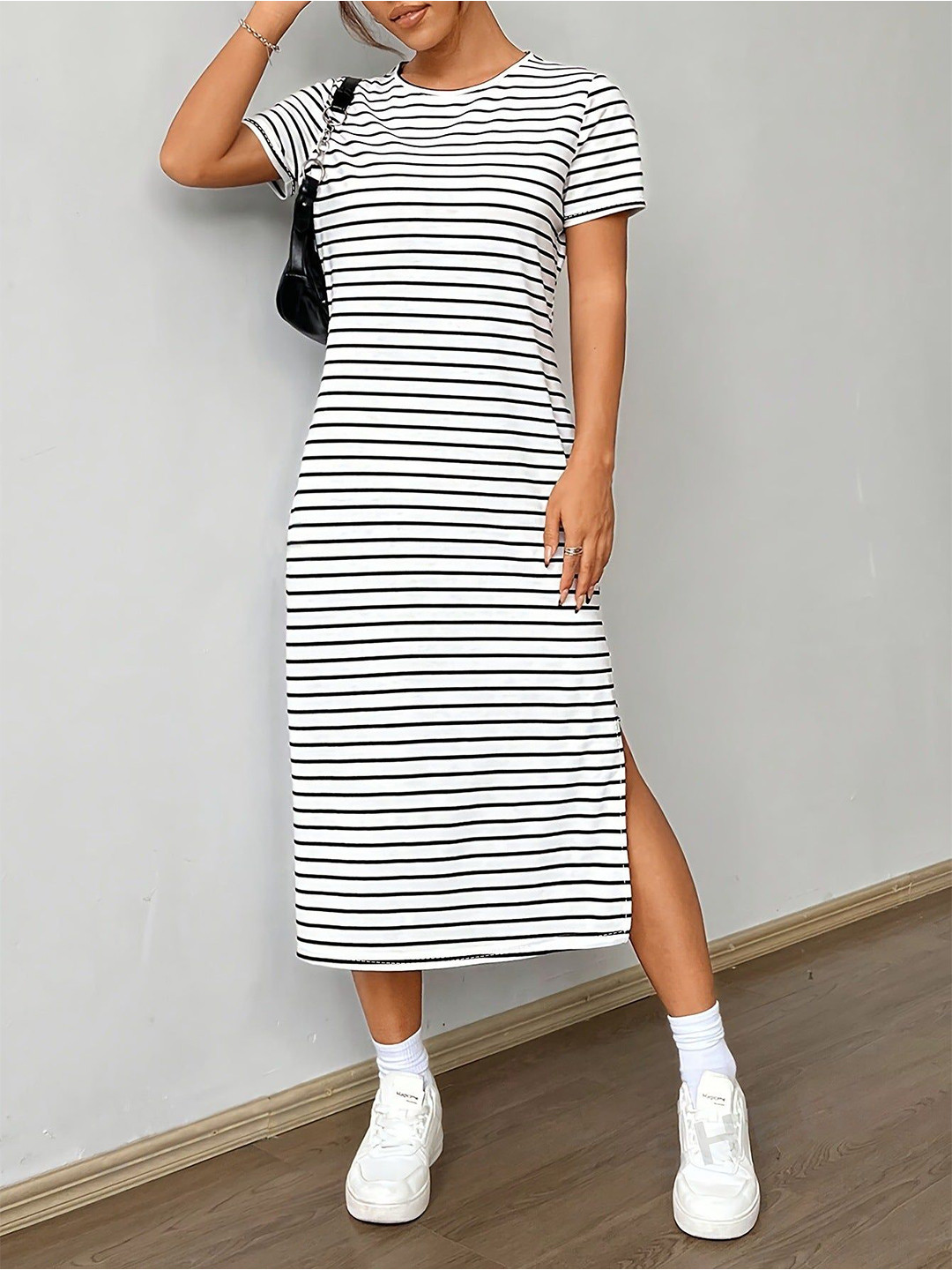 Outzidr Striped T-shirt Dress With Side Slit
