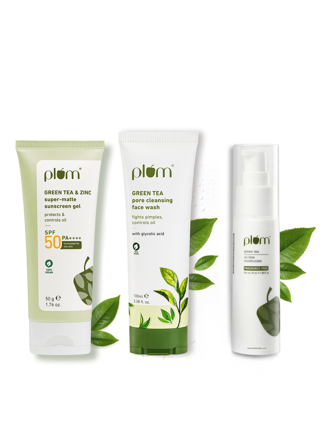 Plum Set Of Green Tea Moisturizer, Gel Face Wash & SPF 50 Sunscreen Gel